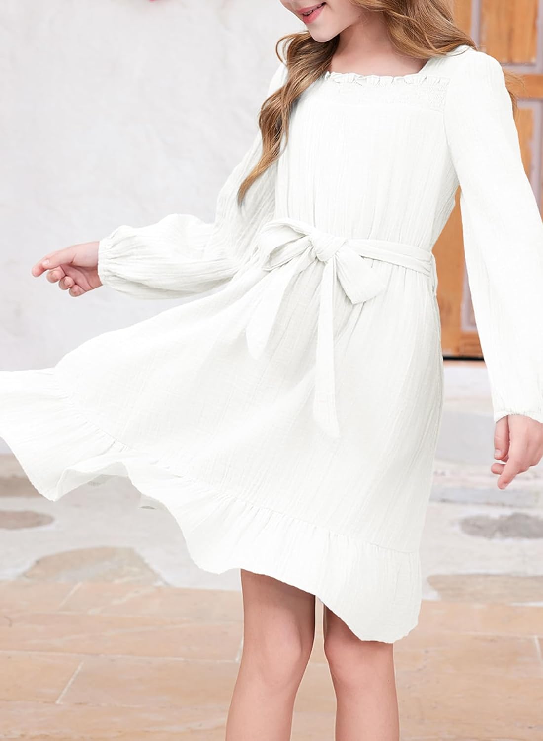 blibean Girls Cotton Long Sleeve Dresses Ruffled Semi Formal Dress Size 6-15 Years - Image 2