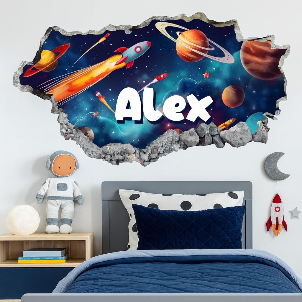 Personalized Space 3D Wall Hole Decal for Kids Room – Custom Name Rocket Galaxy …