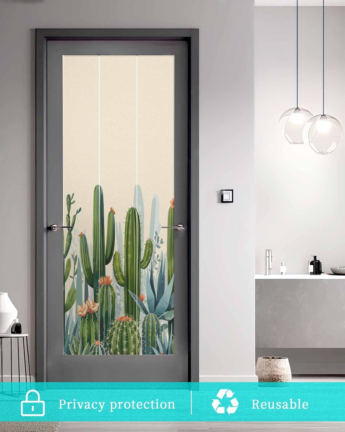 Green Cactus Window Privacy Film Decorative Stained Glass Window Film Watercolor Summer Botanical Beige Static Windows Clings Sticker for Glass Door, 35.4"x78.7" Blackout Shades Windows Cover