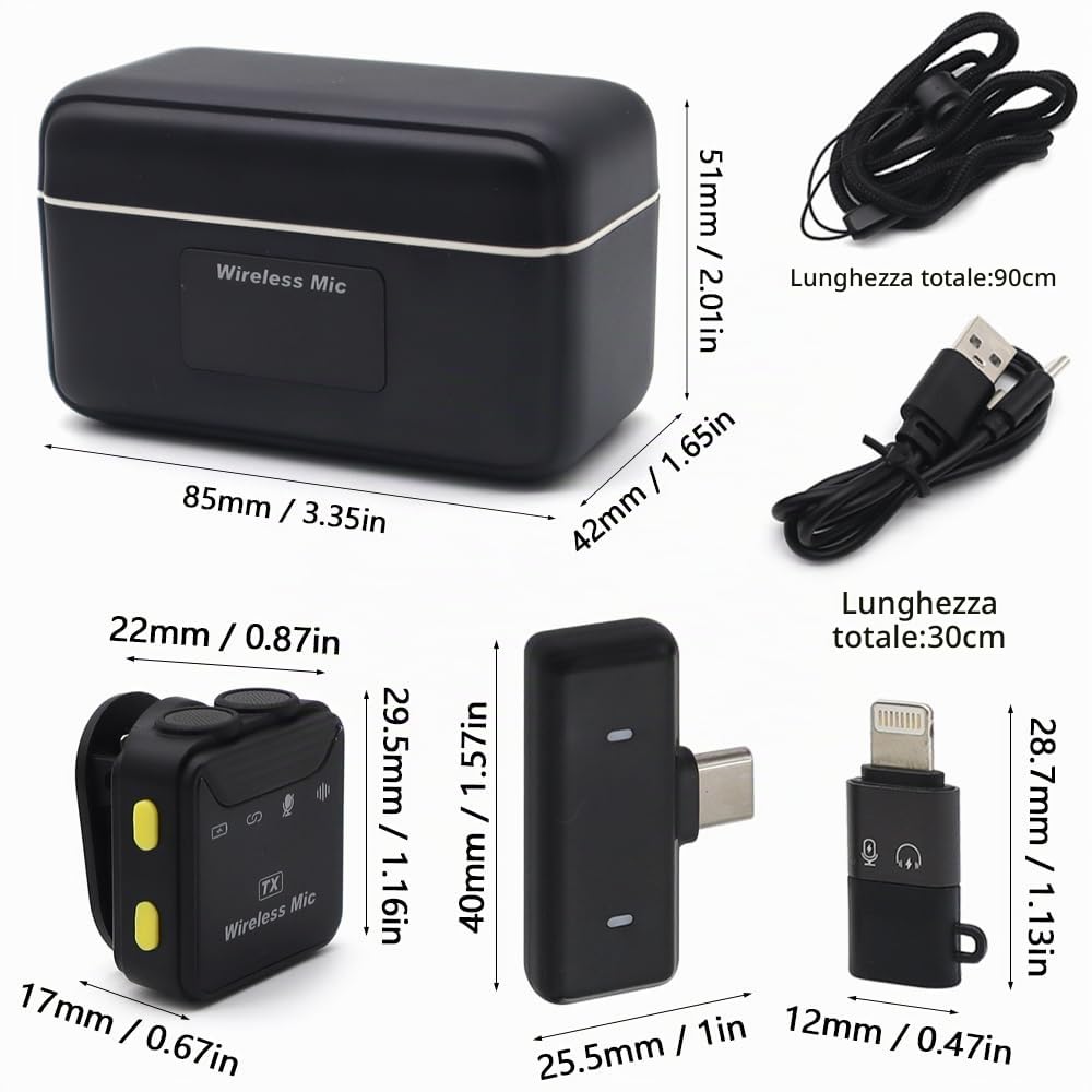 Microfoni Wireless Lavalier(2TX+1RX) Mini Microfono Plug-and-Play,Registrazione a Doppio Canale,Microfono Portatile Con Riduzione Intelligente del Rumore Per Smartphone, Registrazione Video