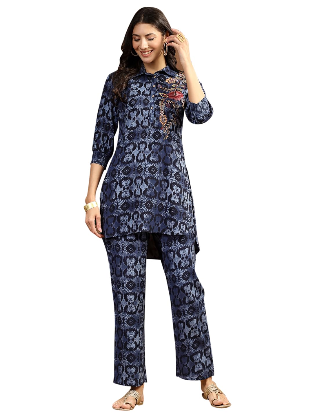Burgundy Embroidered Printed Tunic and Palazzo Set for Women-image-33