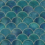 BEETAL Teal Blue Mermaid Fish Scale Wave Japanese Luxury Golden Line Peel and Stick Wallpaper Modern Easy Peel Off Self Adhesive Removable Stick on for Kitchen Cabinet Furniture Renter Friendly