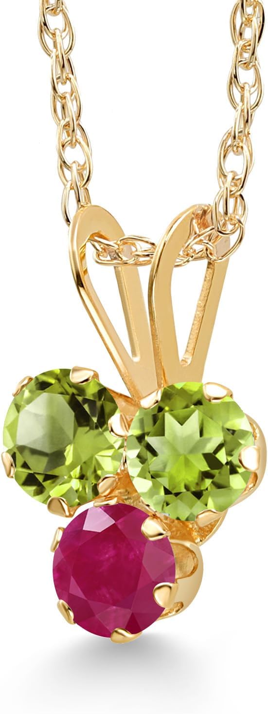 Gem Stone King 14K Yellow Gold Green Peridot and Red Ruby 3-Stone Pendant Necklace For Women (0.40 Cttw, Gemstone August Birthstone, Round 3MM, 18 Inch Chain) - Image 2