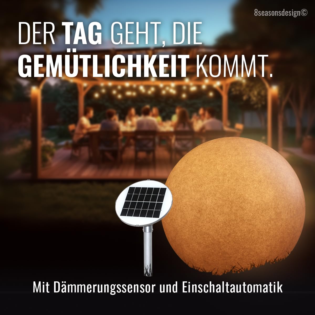 8 seasons Lampada a sfera solare di design, 40 cm, luce bianca calda, sensore crepuscolare, resistente alle intemperie, lampada solare per esterni (giardino, terrazza, balcone), robusta e durevole
