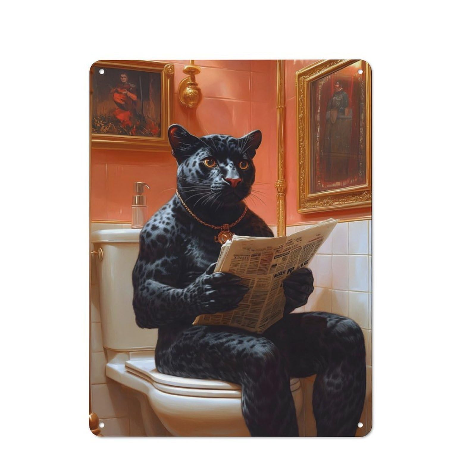 Vintage Black Panther on Toilet Vintage Tin Sign 40x30cm, Cafe Wall Decor for Bakery, Diner, Cafe Or Family Room
