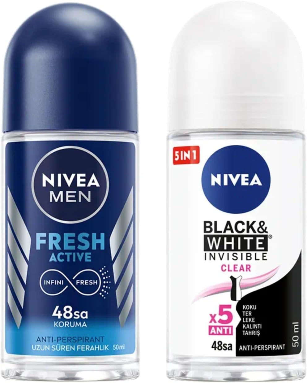 NIVEA Men Erkek Roll On Deodorant Fresh Active 50 ml, Ter ve Ter Kokusuna Karşı 48 Saat Deodorant Koruması X2 + NIVEA Kadın Roll On Deodorant Black & White Invisible Clear 48 Saat Koruma (50 ml)