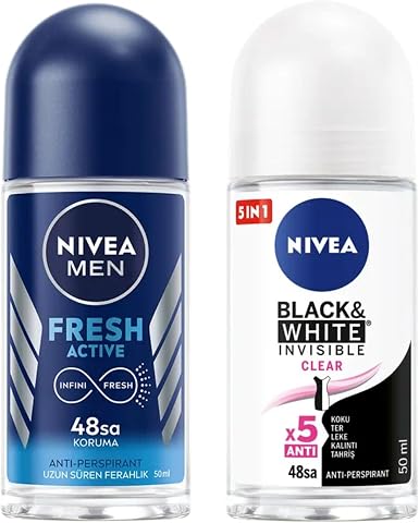 NIVEA Men Erkek Roll On Deodorant Fresh Active 50 ml, Ter ve Ter Kokusuna Karşı 48 Saat Deodorant Koruması X2 + NIVEA Kadın Roll On Deodorant Black & White Invisible Clear 48 Saat Koruma (50 ml)