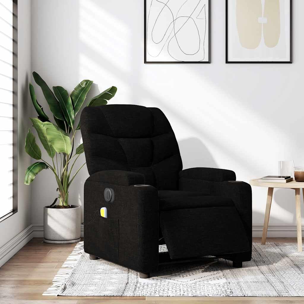 Massagesessel Elektrisch Schwarz Stoff Relaxsessel mit Liegefunktion, 6-Punkt Vibrationsmassage, Getränkehalter, Seitentasche, Stabiler Holz-Metall-Rahmen, Komfort für Wohnzimmer und Büro