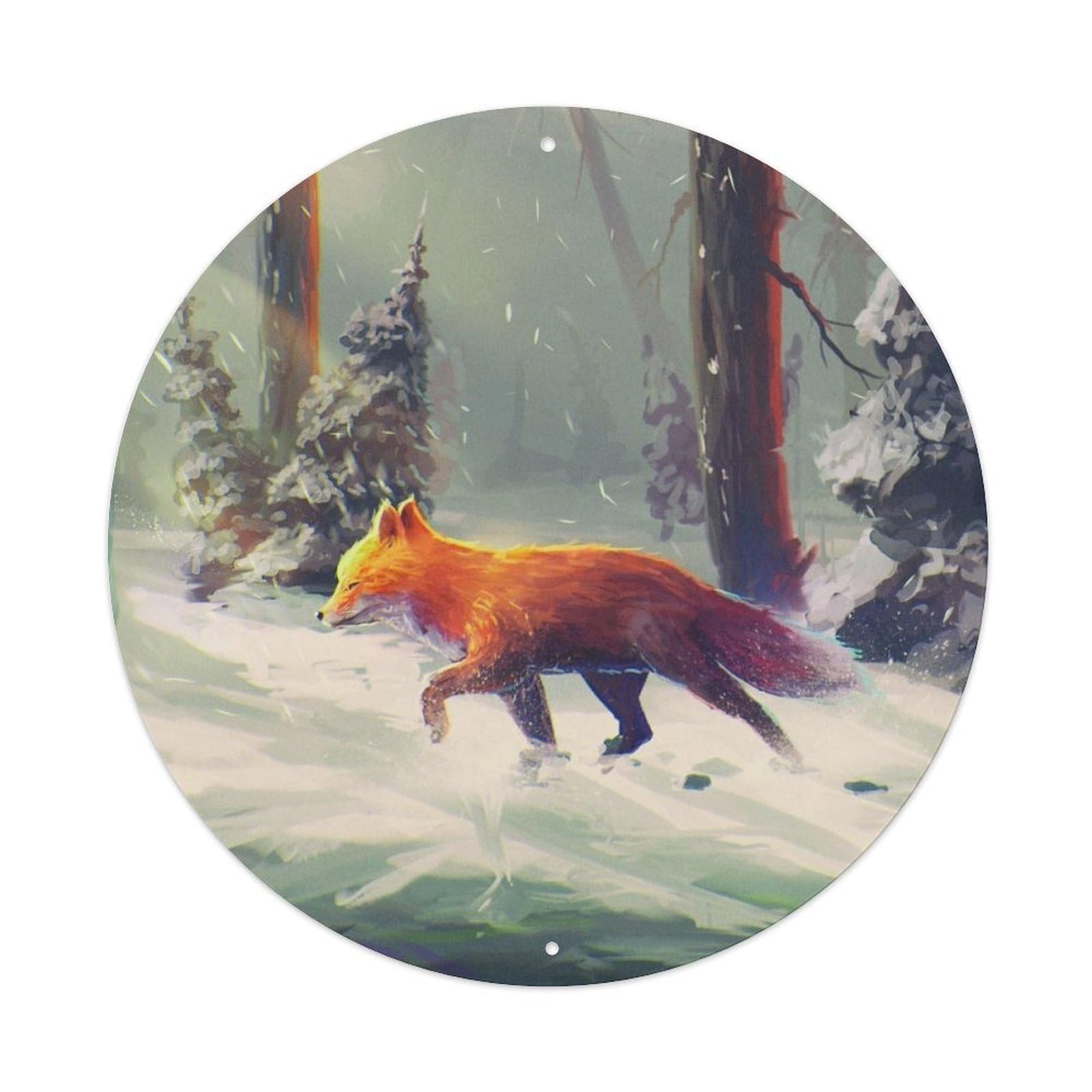 Animals Artwork Fox in The Snow Vintage Metal Tin Sign Plaque Wall Decor for Cafe, Club Bar, Office, Garden Metal Poster 8x8Inch