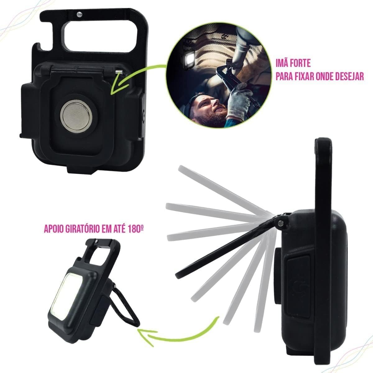 Mini Lanterna Multifuncional Cob, 4 modos de luzes Carregamento USB Lanterna Magnética à prova D'Água com Suporte Dobrável, Abridor de Garrafas Super Lanterna para Pesca, chaveiro recarregável brilhante de 800 lúmens Caminhada Acampamento