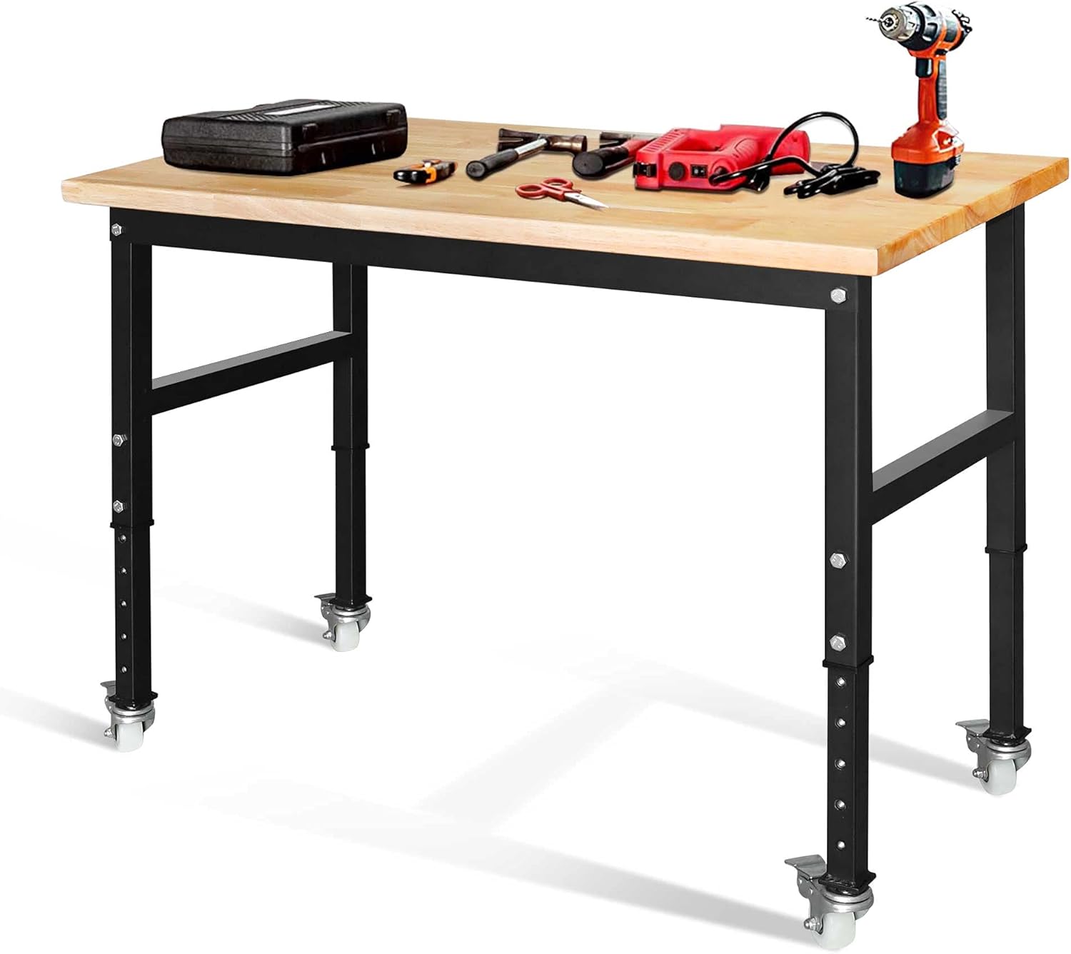 47.2"x 23.6" Bamboo Wood Garage Workbench w/Adjustable Height 25.4"-35.2" Multifunctional Workstation on Wheels 1500 Lbs Commercial Steel Work Tool Table Computer Desk Work Bench for Home Office : Tools & Home Improvement