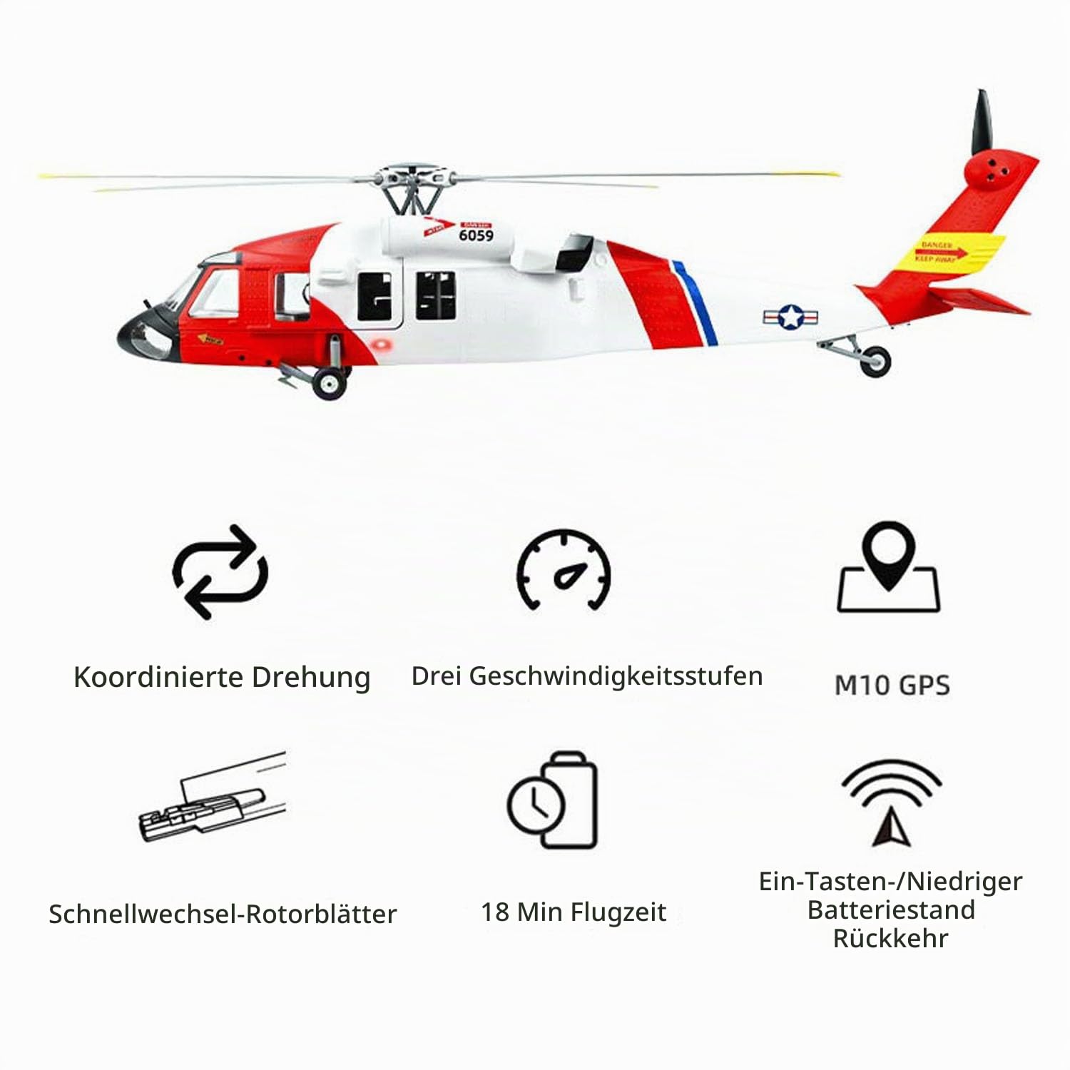 FLYWING RC Hubschrauber MH-60T, GPS & Beidou Ortung | ACE-Fernsteuerung, LED-Beleuchtung, ATT-Modus, Ein-Knopf-Rückkehr, sofort einsatzbereit