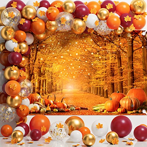Thanksgiving Party Decorations - 291 Pcs Fall Birthday Party Supplies Disposable Dinnerware Set(25 Guest) With Maple Leaf Paper Plates Napkin Tablecloth Backdrop Balloon Garland Kit For Autumn Holiday #TOP3