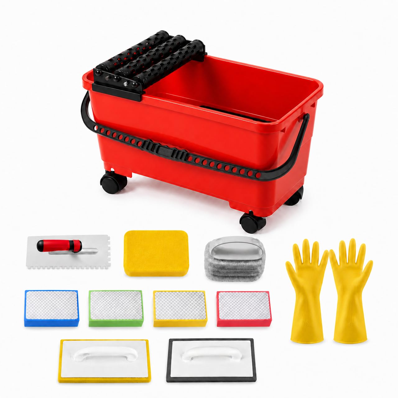 12 Pack Grout Cleaning System Set, 6 Gallon Grouting Bucket with 3 Spiral Rollers, 2 Rubber Floats, 2 Grout Sponges, 4 Diamond Hand Pads, Tile Trowel, Tiling Tools for Ceramic Tile Work