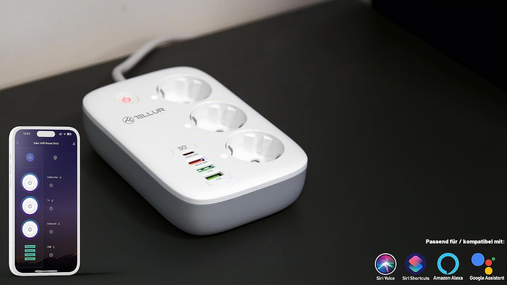 TELLUR SMART WLAN Steckdosenleiste, WLAN Mehrfachsteckdosen Alexa, WLAN Steckdose Kompatibel mit Alexa, Google, Tuya, SmartLife 3 x Steckdosen, 1 x PD30W, 1 x USB QC18W 2 x USB 2.4A, 2m Kabel, 2500W