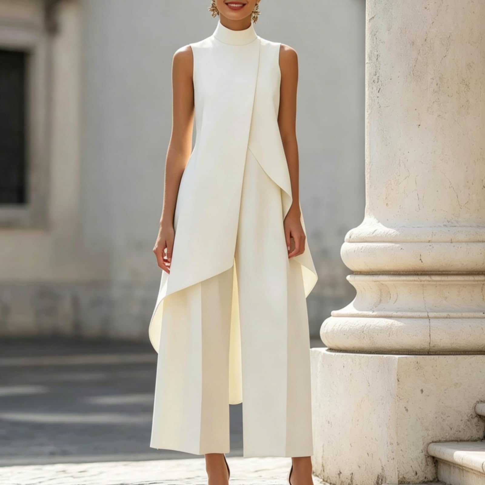 Generico Completo da donna a due pezzi senza maniche, composto da un elegante top asimmetrico a collo alto e pantaloni a gamba larga.