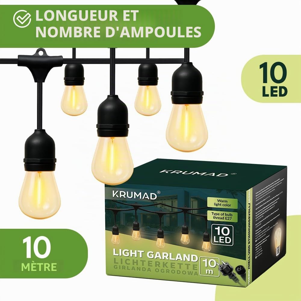 KRUMAD Guirlande lumineuse LED extérieur 10m, ampoules E27 blanc chaud 2700K, IP44 résistant aux intempéries, éclairage de fête pour jardin, balcon, terrasse, guirlande lumineuse extérieure pour