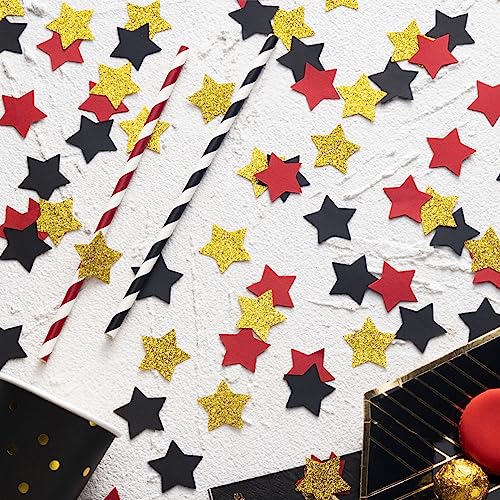 Image of MOWO Gold Black and Red Star Confetti Table Decoration, 1.2 inch, 200pc | Birthday Graduation Retirement Theme Party, baby shower, wedding