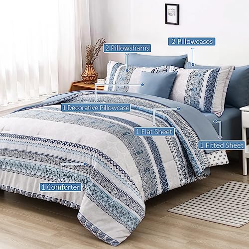 Image of Cottolester Boho Comforter Set Queen Size Light Blue Comforter Set 8 Piece Bed in a Bag Paisley Floral Bedding Sets All Season