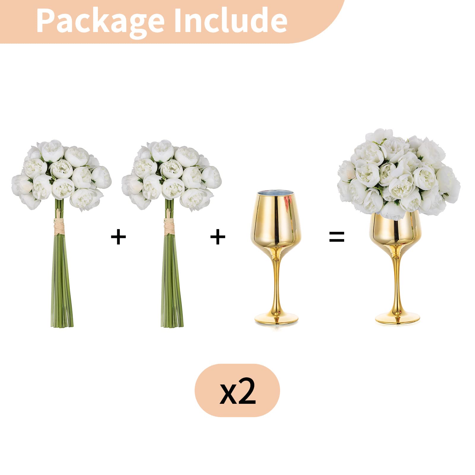 NUPTIO Piccolo Vaso di Vetro con Fiori: 2 Set 21cm Vasi D'oro con Fiori Artificiali Bianchi per Centrotavola Matrimonio, Finta Peonia Composizione Bouquet per Festa Compleanno Decorazioni per Casa