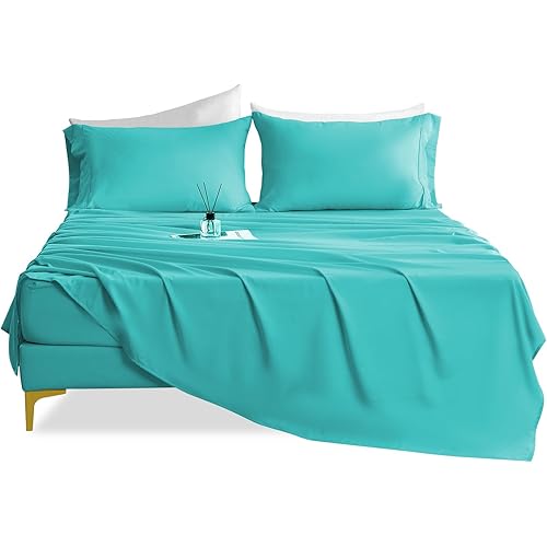 Breathable Cooling Full Sheet Set - Hotel Luxury 4 Piece Deep Pocket Sheets for Full Size Bed, Fits 16" Mattress, Easy Care Wrinkle Free Bedding Sheet and Pillowcase Set, Turquoise