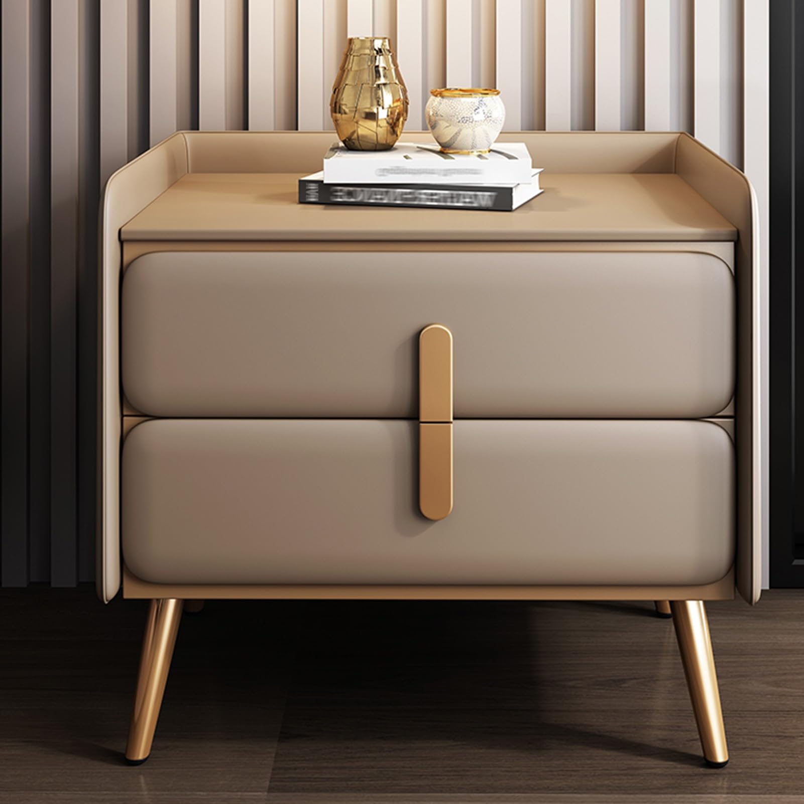 Table de chevet moderne en bois avec tiroirs en cuir nappa kaki pour rangement de chambre