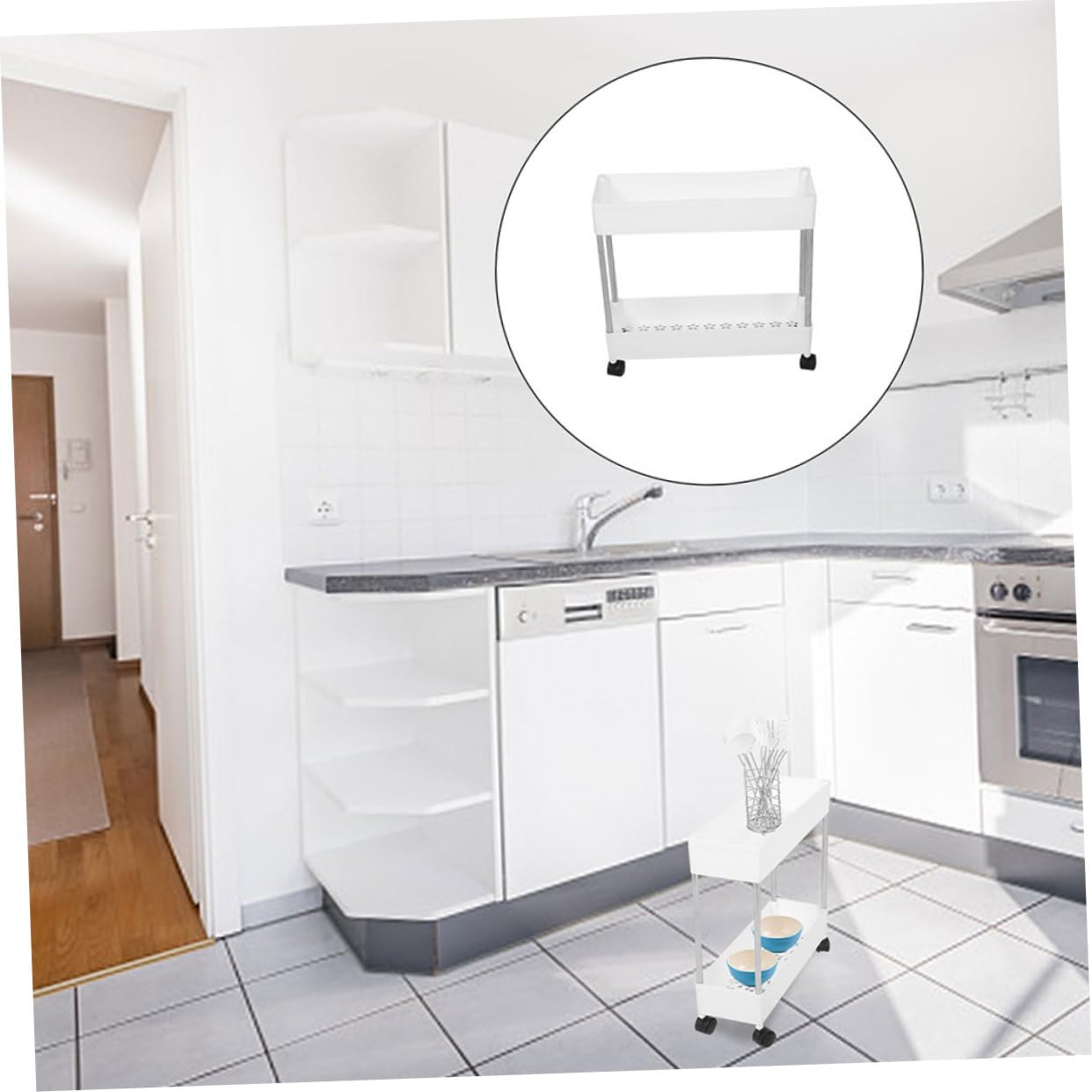Carrello Multiuso a 3 Livelli Bianco in Plastica e Ferro, Ruote, Salvaspazio, per Bagno e Lavanderia, Scaffale Mobile