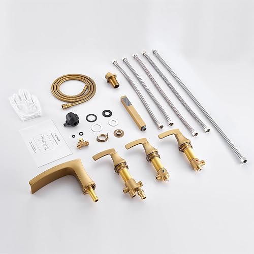 Miniatura 7 de Grifo de bañera romana, relleno de bañera de cascada de oro cepillado, grifos de baño de latón de 5 agujeros con ducha de mano