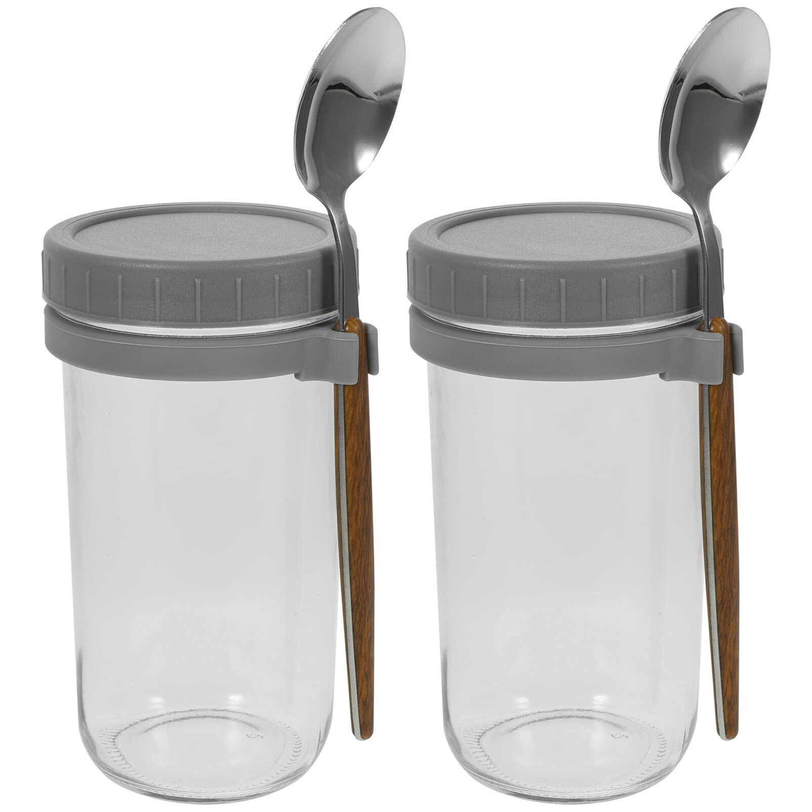 UPKOCH 2 Stück Praktischer Müslibecher aus Glas 600ml mit Löffeln | Deckel aus Kunststoff, Rutschfestes Design, Tragbar für Unterwegs, Haferflockengläser mit Deckel