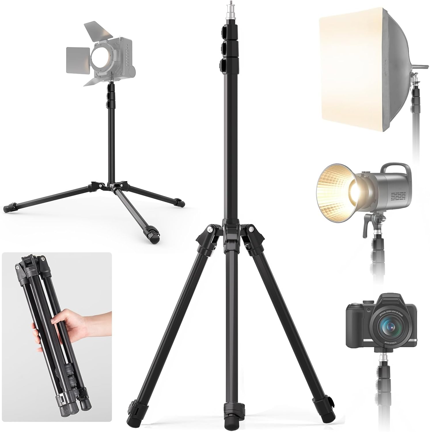 6.4ft Photography Light Stand, Lusweimi Extendable Aluminum Light Tripod, Portable Studio Lighting Tripod with 1/4'' Screw and Folding Legs for Strobe Light, Monolight, Softbox, Cameras, Flash Light Thumbnail