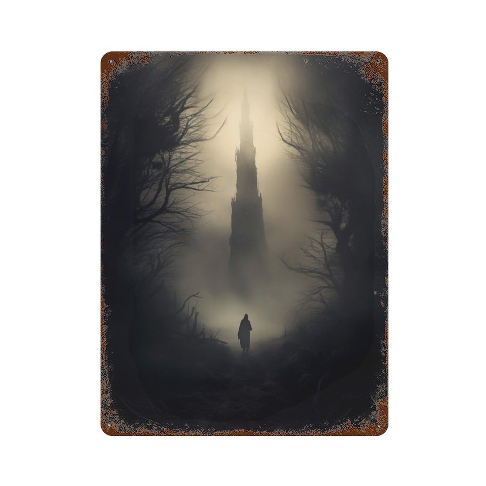 Garage Style Mysterious Tower in Fog Vintage Rust Metal Sign 15.7"x11.8", Industrial Home Decor for Bar And Workshop