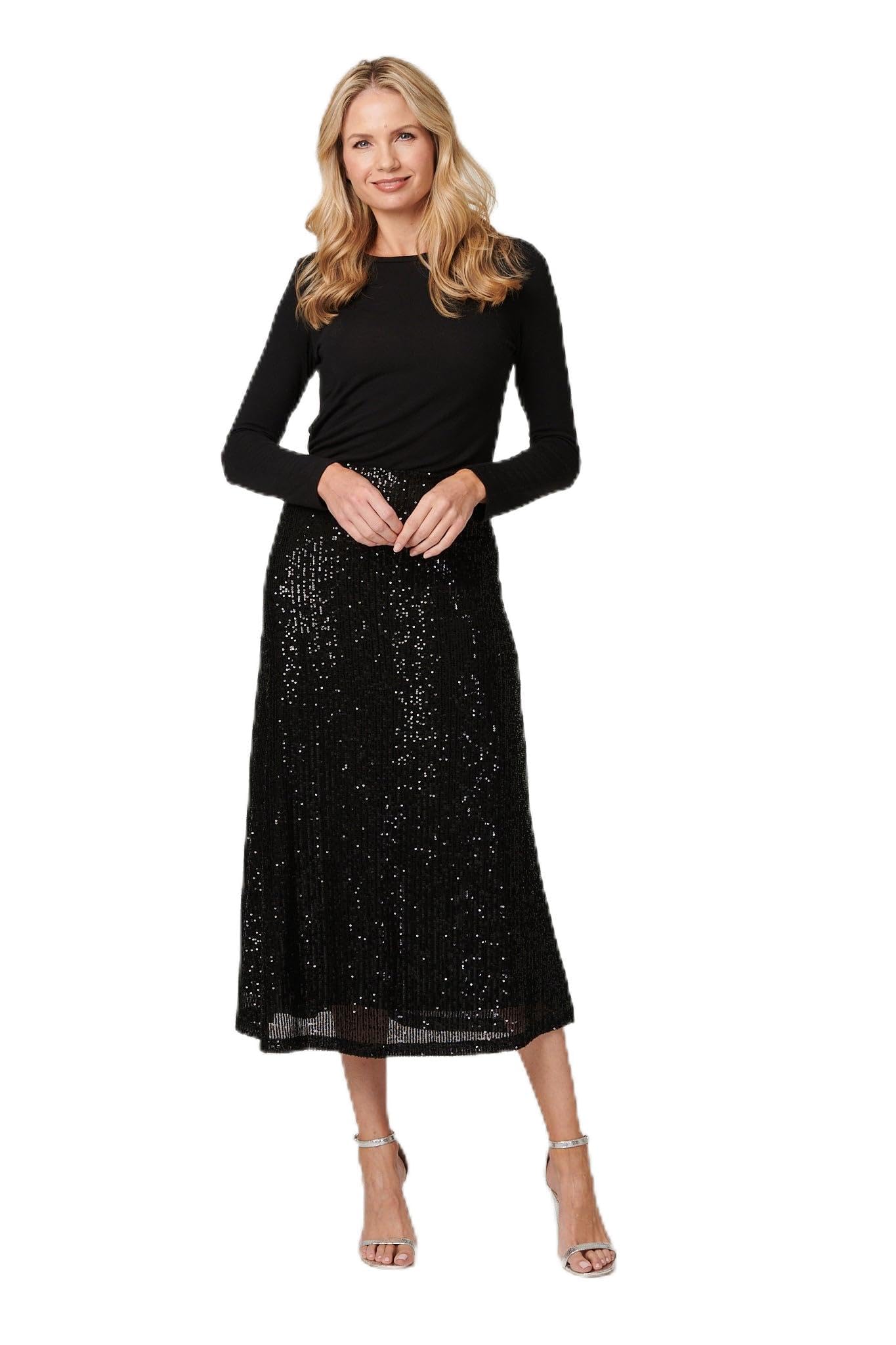 Izabel London Women's Black Sequin High Waist Semi Sheer Midi Skirt In Size 10