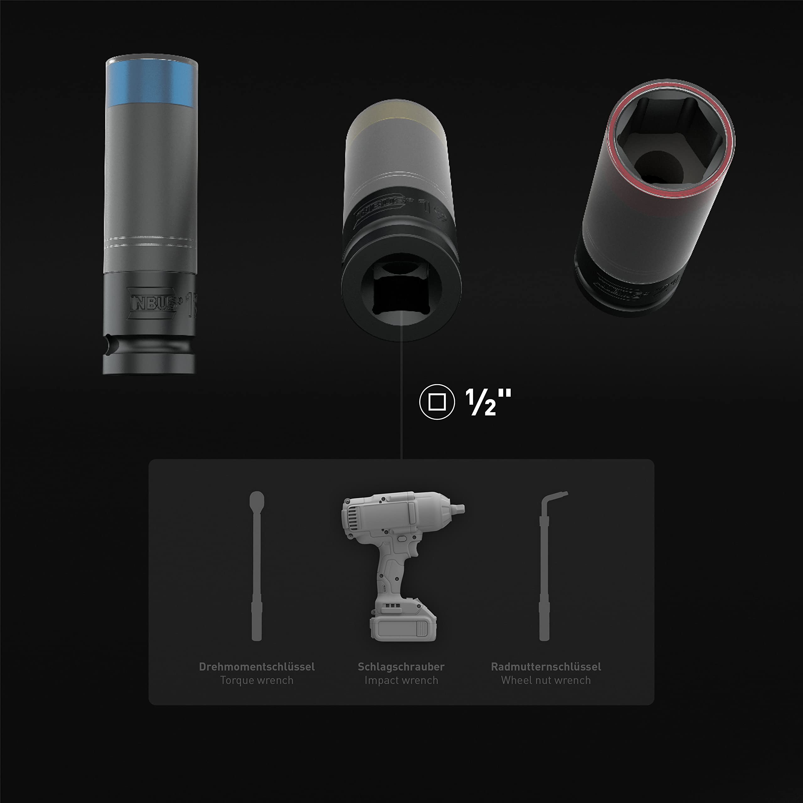 INBUS® 73660 Set di chiave a bussola per cerchi in lega 3pz, 17–21mm