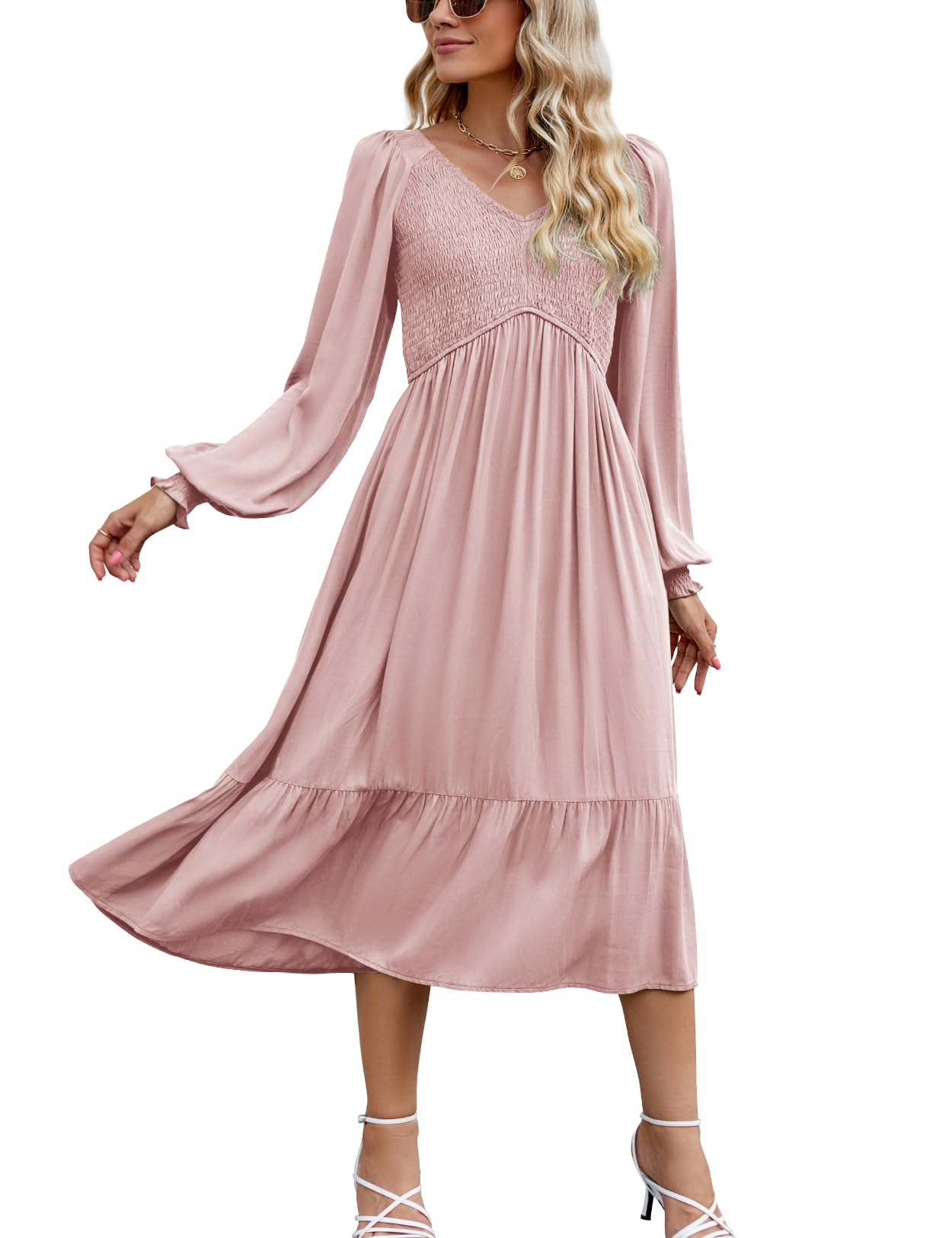 ZilcremoWomen V Neck Empire Waist Smocked Dress Long Sleeve Fall Casual Ruffle Midi Dresses