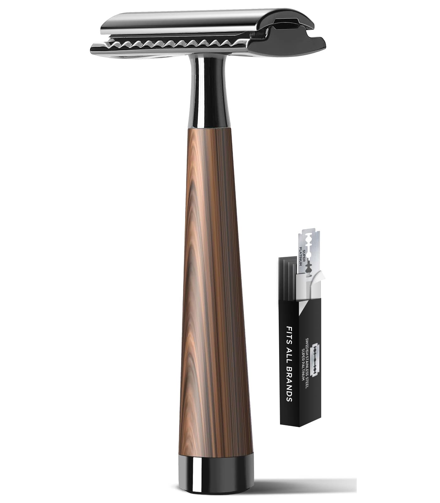 Contemporary Zinc Alloy Double Edge Safety Razor, Brown, Men's Unisex, Adult Men Vintage Enthusiasts Traditional Groomers, 10 Swiss Stainless Steel Blades, 3.3 Ounces, 5x14x3 cm