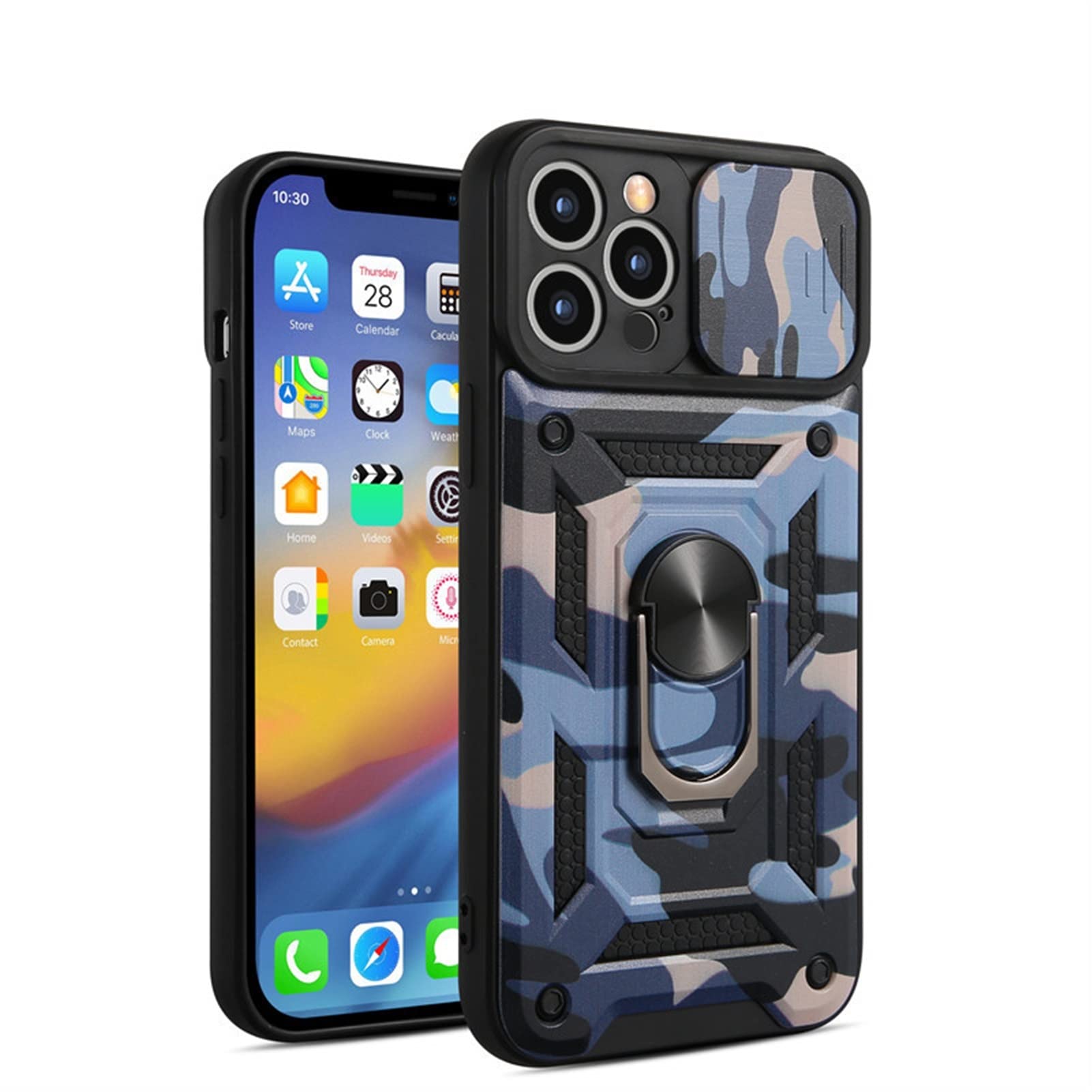 KANUZ La funda de teléfono blindada de camuflaje es adecuada para iPhone 13 funda 12 11 Pro Max X XR XSMax 7 8 funda deslizante de protección de lente de cámara (color: Svart, tamaño: para 13)