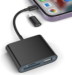 SD Card Reader for iPhone, Memory Card Reader with USB-C to Lightning Adapter Plug and Play Trail Game Camera Micro SD Card Viewer Support SD/TF Card and USB for iPad No App Required (Black)