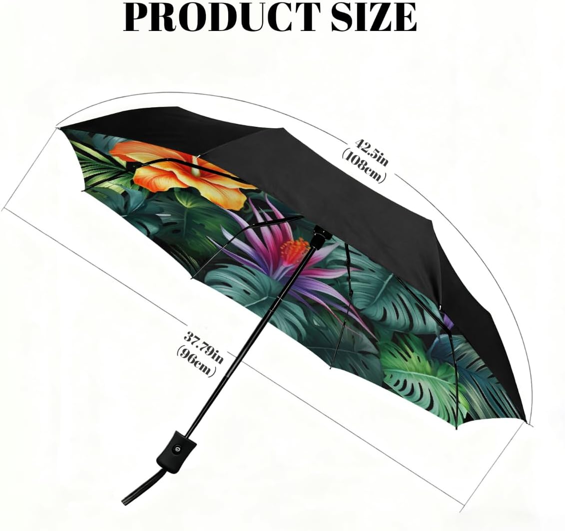 Colorful Palm Leaves Flowers Folding Umbrella Windproof Compact Lightweight Travel Umbrella with 8 Reinforced Ribs, Portable UV Sun & Rain Protection for Men & Women