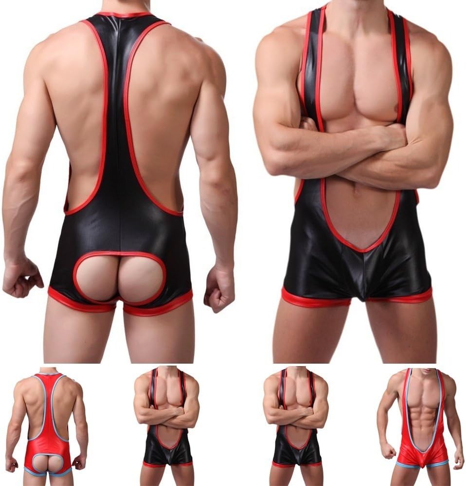 GXP Sexy Men Overalls Fashion Style Fun Siamese Open Butts Brief Bodysuit Underwear Singlet S-XL Red L