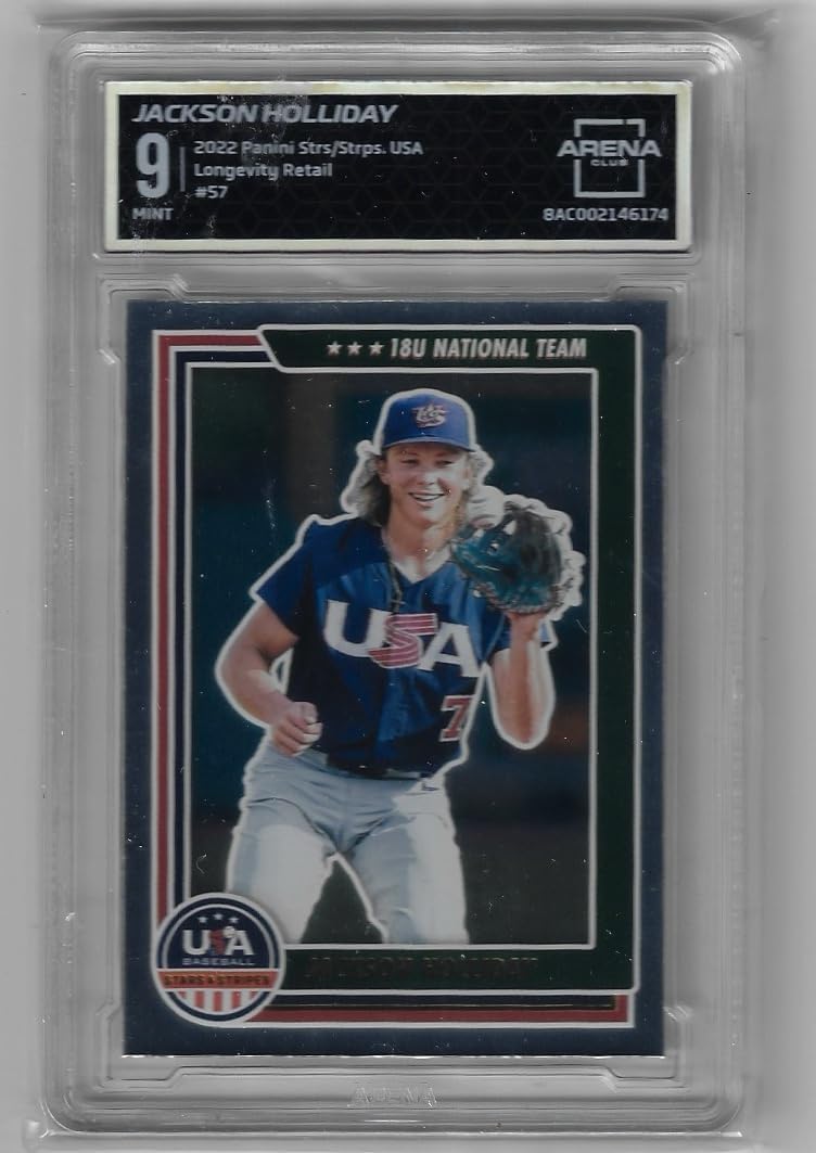 Jackson Holliday Arena Graded 9 Mint Longevity Retail Stars & Stripes Collectible Baseball Card - 2022 Panini Stars & Stripes USA Baseball Card #57 (Orioles)