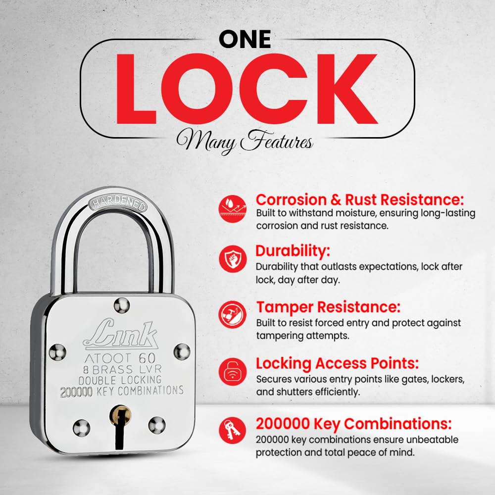 Link® Atoot 60mm Lock | 2 Lakhs Keys Combination Steel Body | Hardened Shackle | 8 Brass Levers | Made in India | 1 Padlock 3 Silver Keys — Amazon image 2