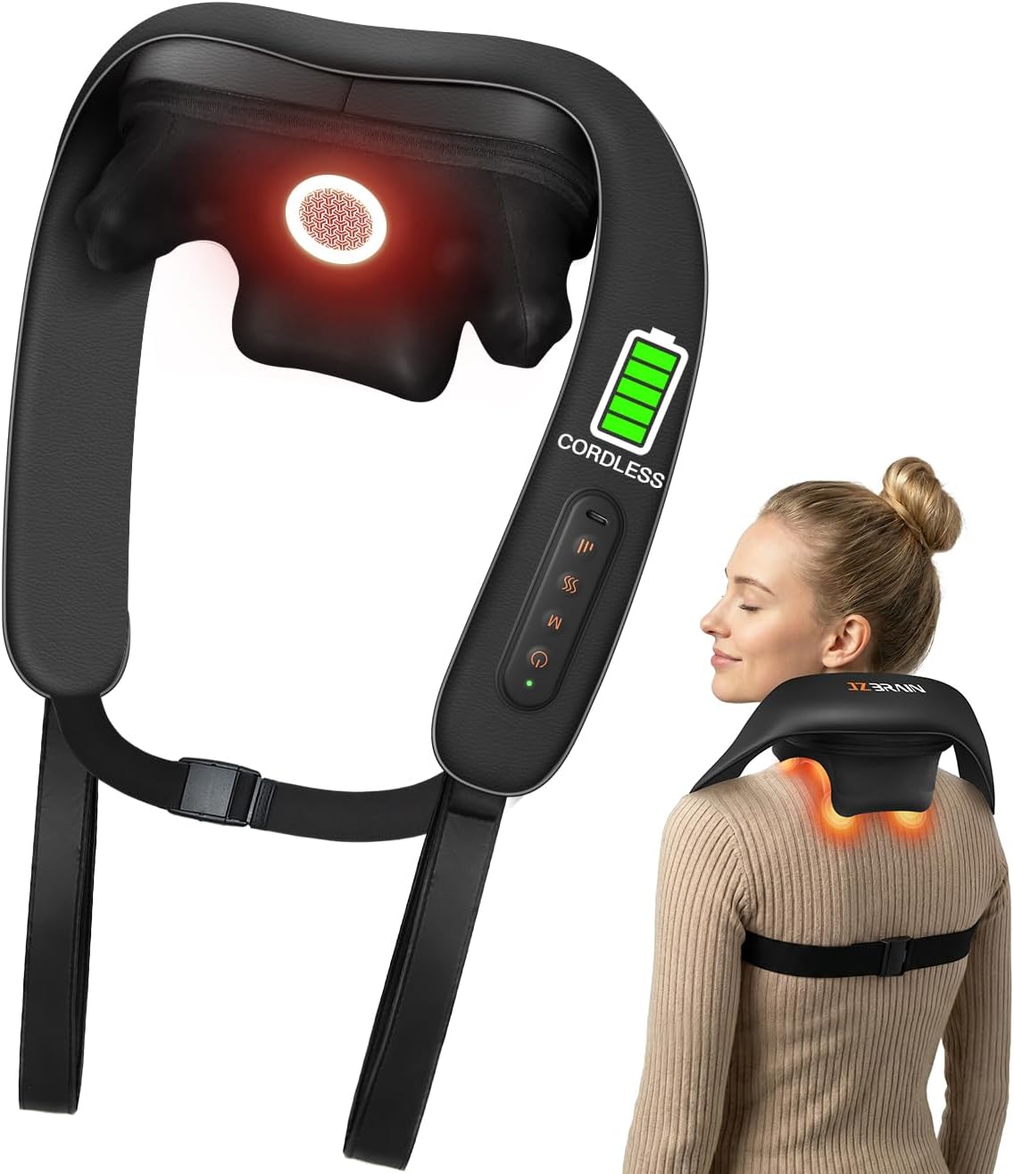 JZBRAIN Neck Massager with Heat : Cordless Shoulder and Neck Massager for Pain Relief Deep Tissue - 3 Modes, 2 Intensity & 2 Heating Setting, Heated Kneading Massage Daily Comfort, Office and Home Use