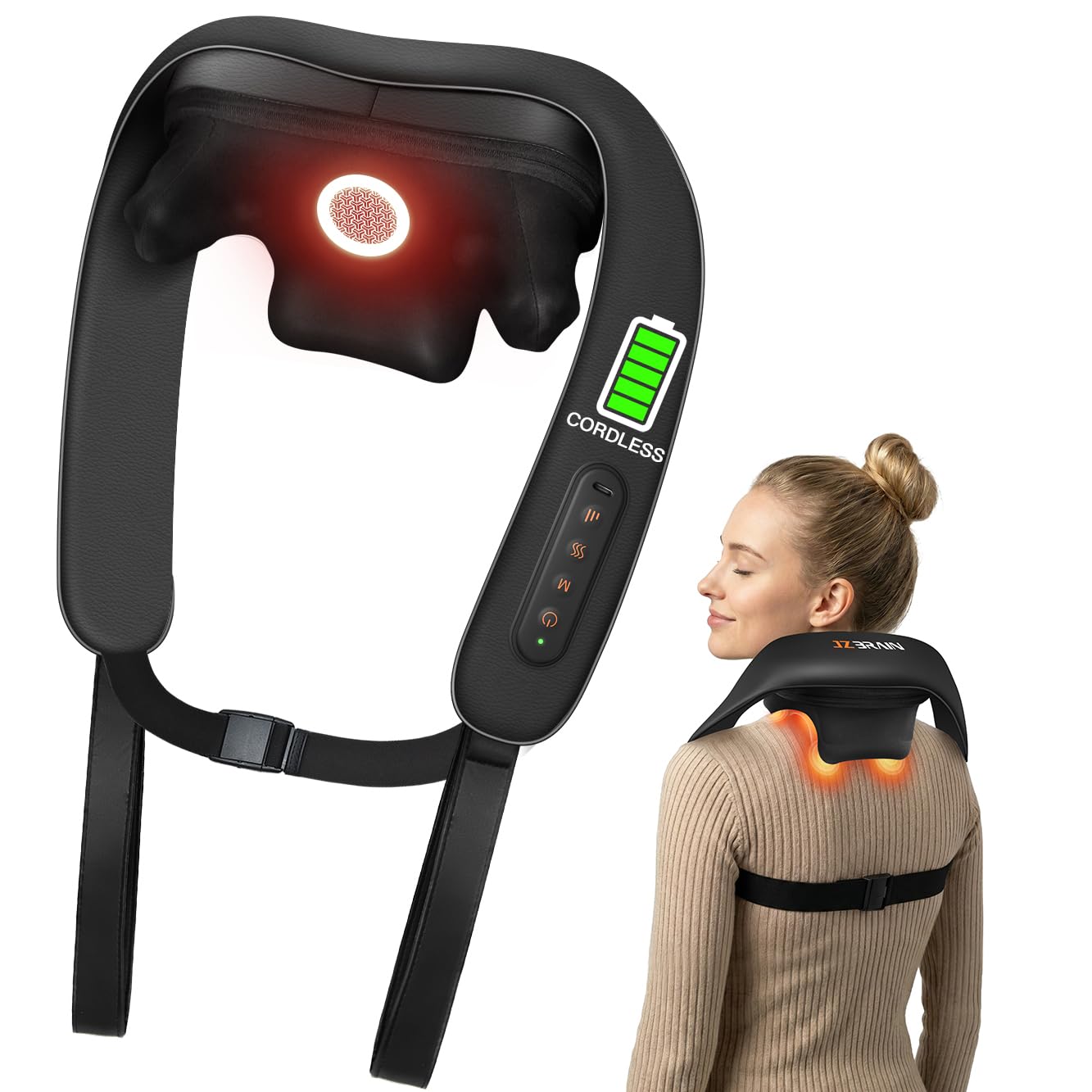 JZBRAIN Neck Massager with Heat : Cordless Shoulder and Neck Massager for Pain Relief Deep Tissue - 3 Modes, 2 Intensity & 2 Heating Setting, Heated Kneading Massage Daily Comfort, Office and Home Use