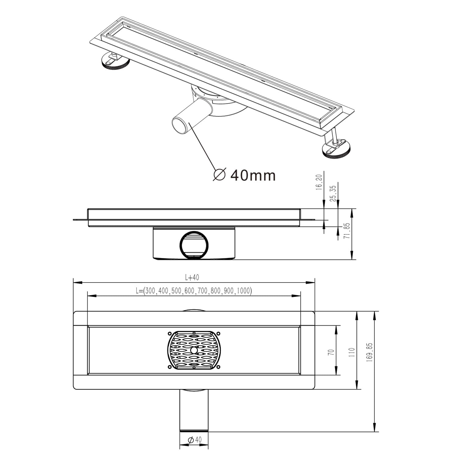 Desagüe de Ducha 80cm,2 en 1,360°Canaleta de desagüe de Acero Inoxidable 50cm Extremadamente Plano- Rejilla de Ducha de desagüe de Suelo de baño de Acero Inoxidable baño Largo Invisible