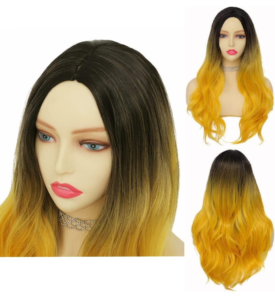 HAIR WALA™ Ombre Hair Wigs for Women 26 Inch Long Curly Synthetic Wigs Middle Part Highlights Color Hair Wigs Loose Wavy Wigs Heat Resistant+ 02 Wig Cap Free (Multicolor2)