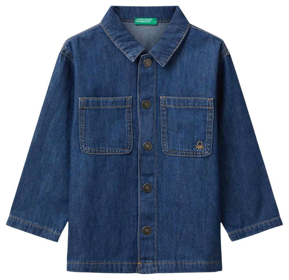 Camisa De Niño United Colors Of Benetton - Turquesa, Manga Larga, 100% Algodón, Con Logo Bordado