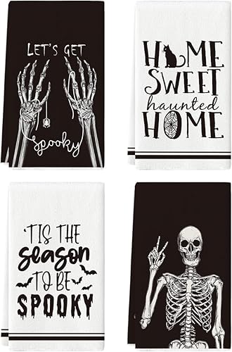 Artoid Mode Juego de 4 toallas de cocina de Halloween espeluznantes de esqueleto de 18 x 26 pulgadas, diseño de Let's Get Bones