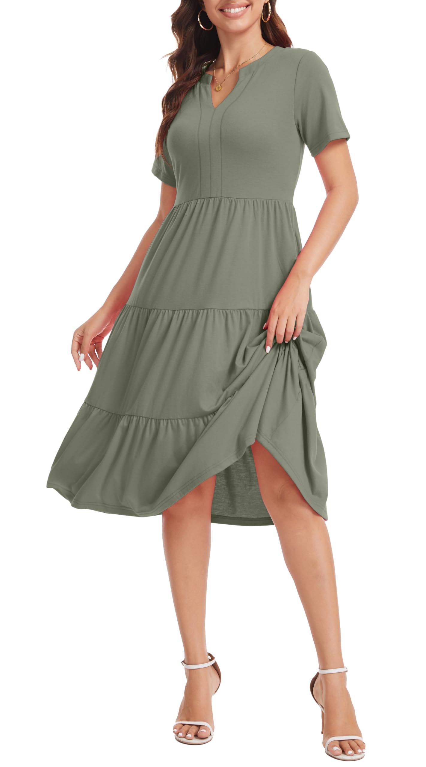 Jeqeocafy Women's V Neck Dress 2026 Lounge Fashion Casual Loose Fit Flowy Swing Tiered Vacation Dresses