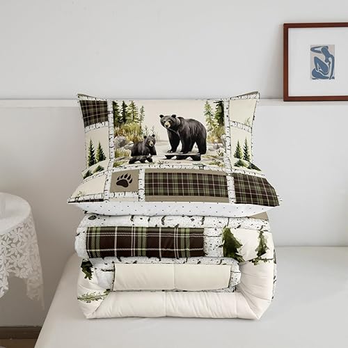 Miniatura 6 de Juego de ropa de cama individual de oso negro, edredón retro de animales de bosque de caza para cabaña de campo, juego de edredón de retazos verde y
