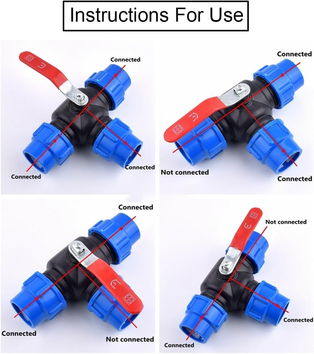 Válvula de bola de 3 vías, válvula de cierre para tubería de agua, núcleo de acero, conexión rápida, compresión de PVC, se adapta a 25 mm/32 mm/40 mm/50 mm, ideal para horticultura